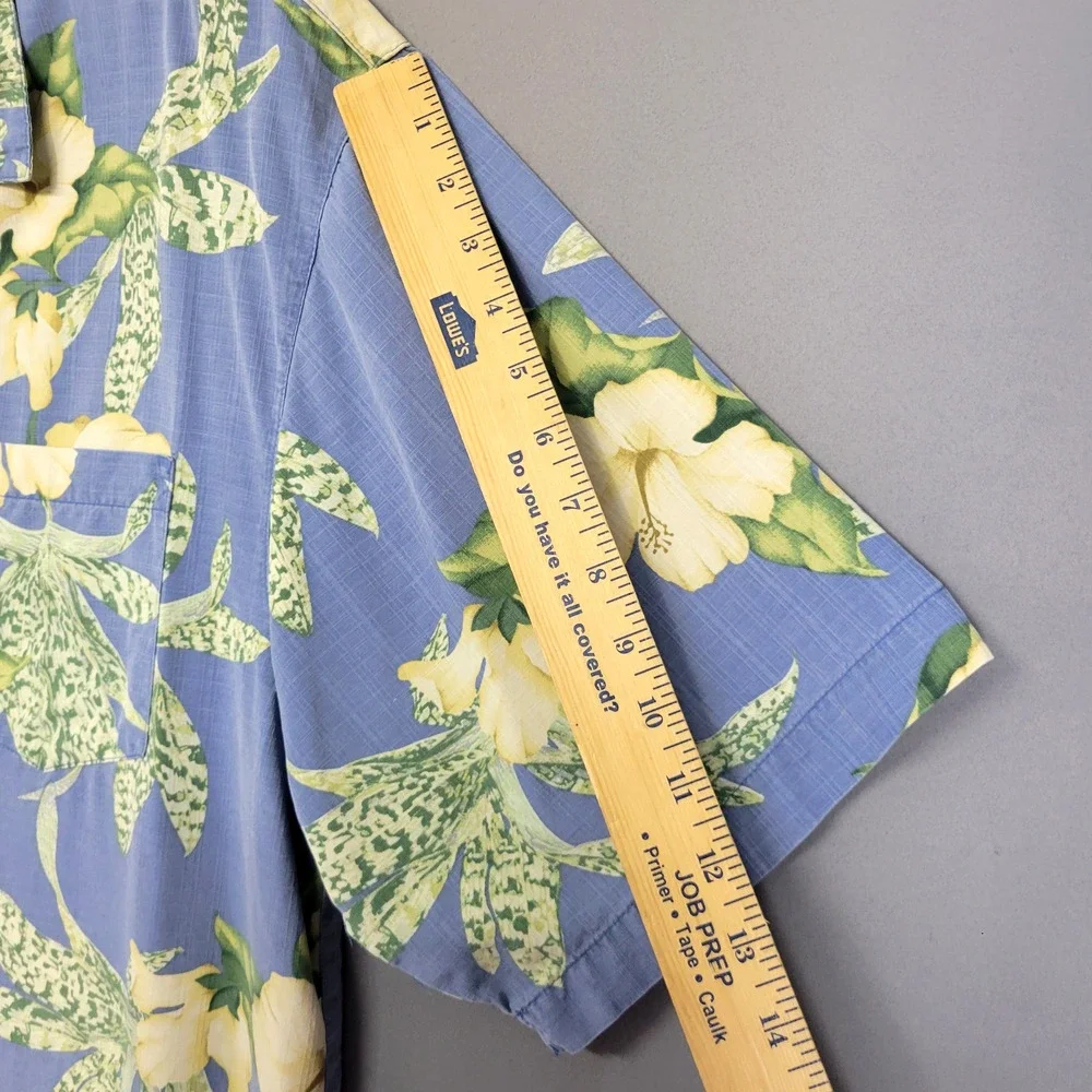 Bermuda Bay 100% Silk Shirt Mens L Blue Hawaiian Buttons Floral Short‎ Sleeve